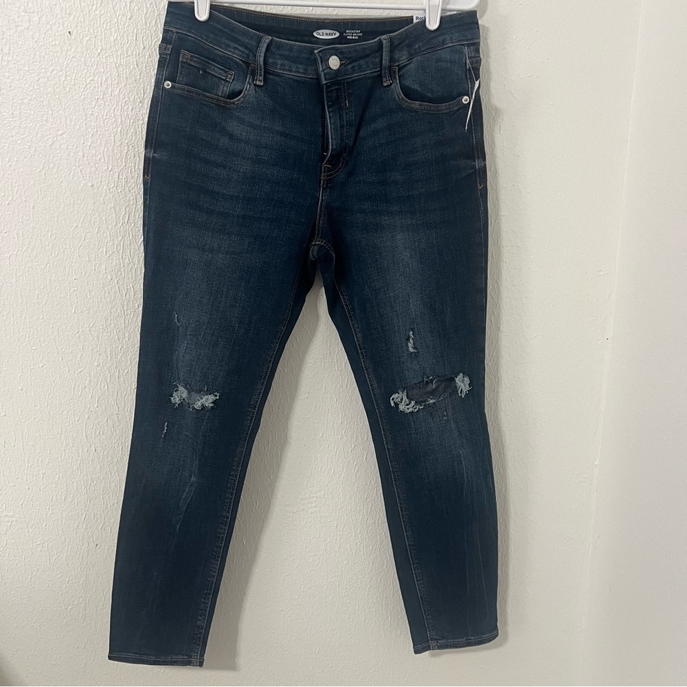 Old Navy Women’s Dark Distressed 12 Short Rockstar Super Skinny Mid Rise Jeans